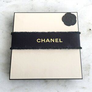 CHANEL Gift Box w/Black & Gold Fleck Ribbon, Camellias, Tissue & Extra Ribbon